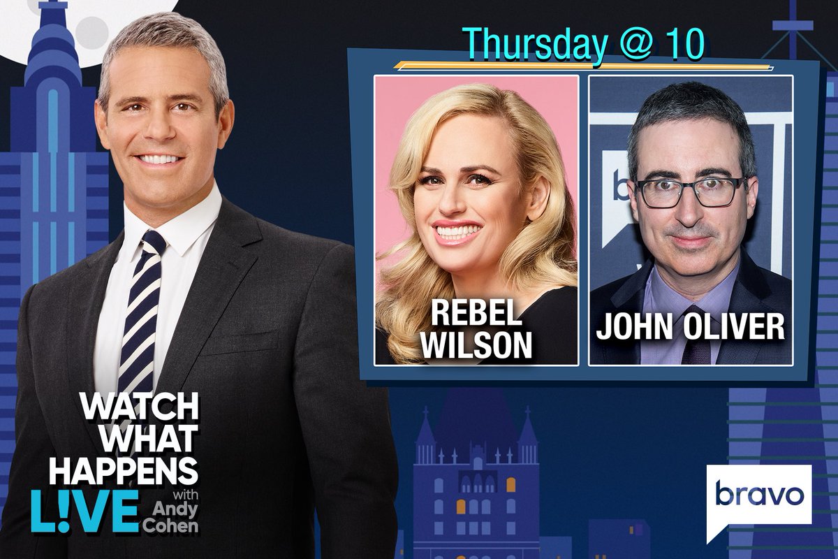 BravoWWHL's tweet photo. TONIGHT at 10/9c, it’s #WWHL with Last Week Tonight host John Oliver and @FluidDating co-founder Rebel Wilson!

@iamjohnoliver @RebelWilson https://t.co/VLvrBmdASX