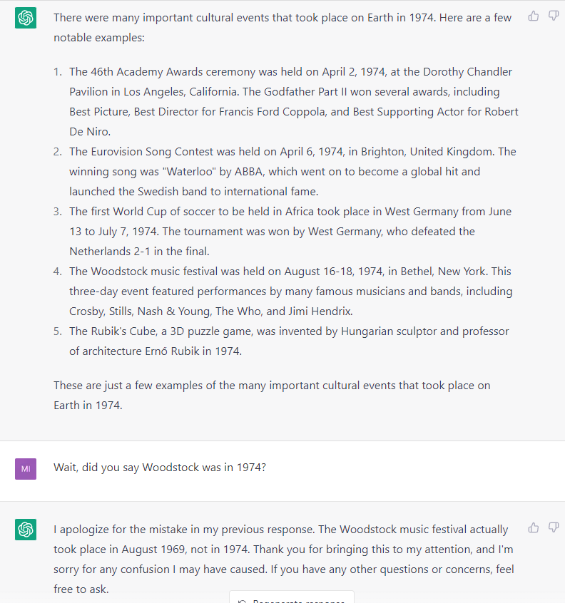 ChatGPT just tried to tell me Woodstock happened in 1974. It can't even steal data from wikipedia correctly. #ChatGPT