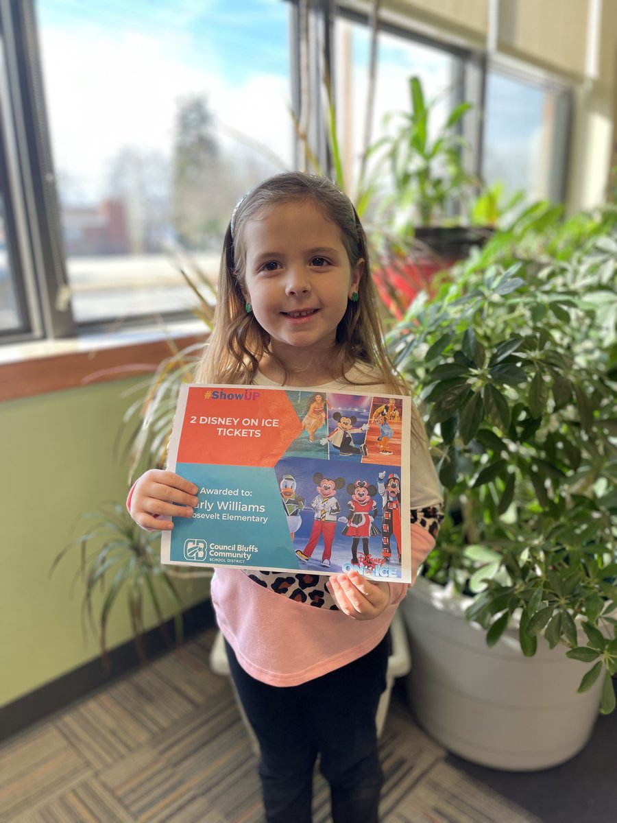 CBCommSchools's tweet photo. Congratulations to our February Attendance incentive winners. They each received two tickets to Disney on Ice: Everly Rageth of Hoover Elementary and Carly Williams from Roosevelt Elementary! #LevelUpCB #ShowUp #WhosNext https://t.co/mpsDvuRyqt