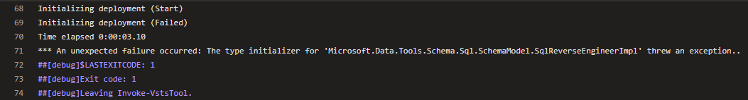 NowinskiK's tweet image. Yes, I see the exception, but the error message seems to be kind of encrypted by Enigma.
The type initializer for 'Microsoft.Data.Tools.Schema.Sql.SchemaModel.SqlReverseEngineerImpl' threw an exception..
#dacpac #sqlpackage