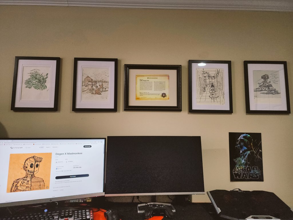 Finally got a chance to hang the <a href="/degenpoet/">degen poet ⚛️⚡️</a> pieces🫶 I just need the @glokchain to complete the set! Peep the <a href="/0xMadmonke/">𝕸𝖆𝖉𝖒𝖔𝖓𝖐𝖊𝖊 📠</a> auction👀 MANIFESTING THIS W🙏
