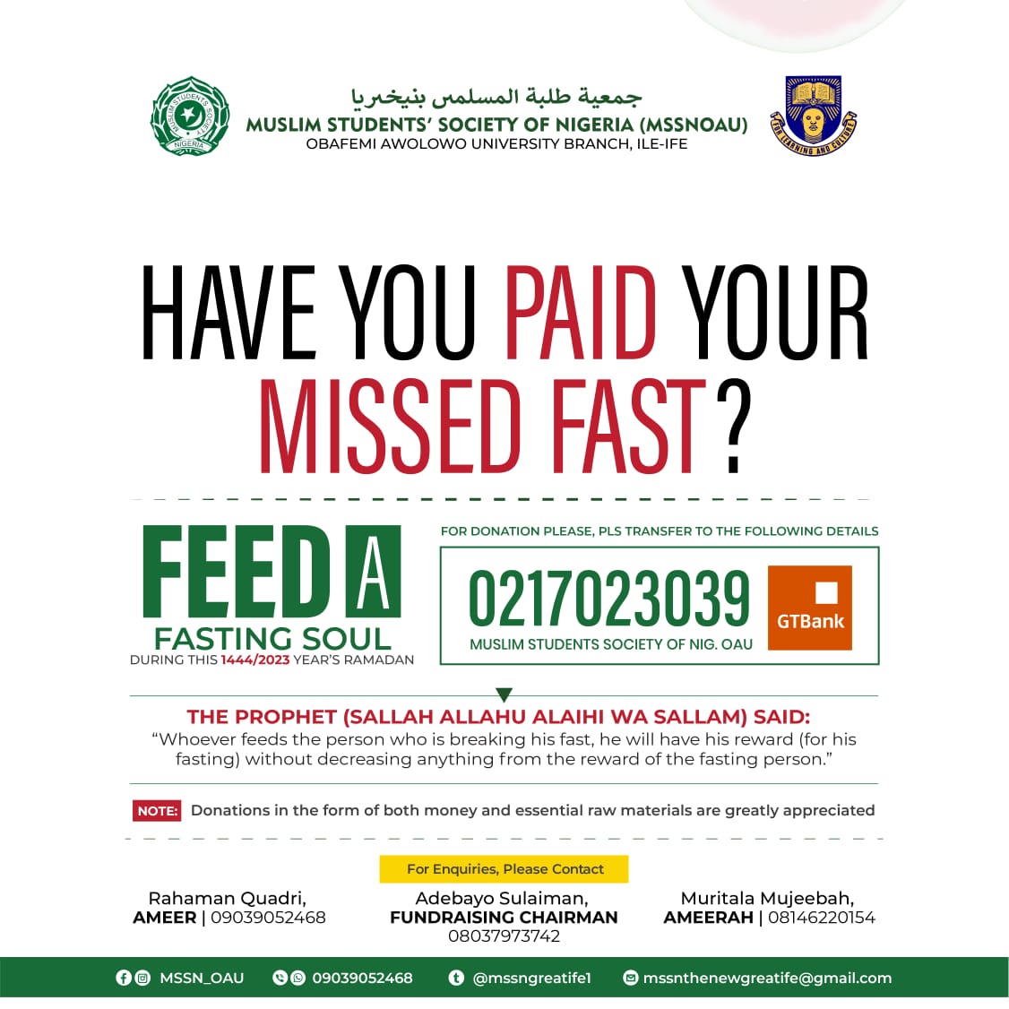 M_Adeola1's tweet image. HAVE YOU PAID YOUR MISSED FAST?*

#RAMADAN1444AH/2023CE is less than a month away...pay your missed fast now! &amp;amp;
FEED A FASTING SOUL!🍏🍉🥝🍜🍲
Kindly donate:
Account details:👇
Account Name: MUSLIM STUDENTS' SOCIETY OF NIG., OAU, 
Account Number: 0217023039
Bank Name: GTBank