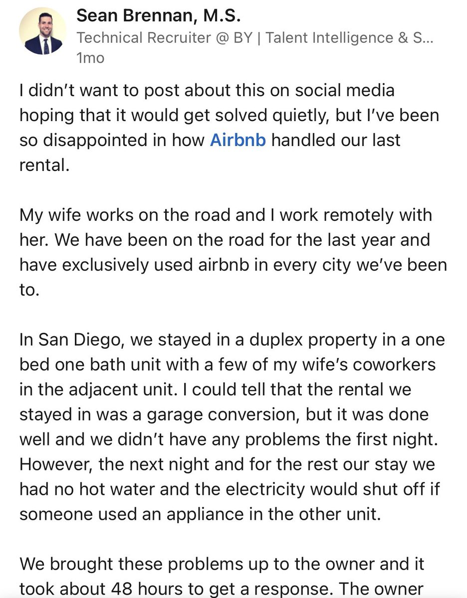 Taluna13's tweet photo. #aircover @Airbnb I was the other side of the unit Sean Brennan is talking about in his LinkedIn post. I thought aircover would take care of us in an illegal and unsafe situation, but they did not.  We needed to rebook ASAP through Airbnb to get out of this unit, but the… https://t.co/cc8H2xDE8M