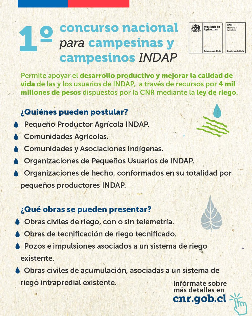 MinagriCL's tweet photo. 💧🌱Participa del 1º concurso nacional de la ley de riego de la @CNRCHILE para campesinas y campesinos de @INDAP_Chile 👩‍🌾👨‍🌾

👩‍💻Infórmate sobre los detalles del proceso en https://t.co/Zp3jCTE3Hl https://t.co/pRSBnTzD1i