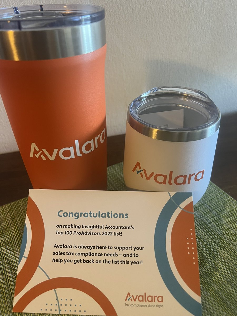SLByrneCPA's tweet photo. Thank you @avalara for the reusable tumblers π#top100 #QuickBooks #qbproadvisor https://t.co/D8RPJJWU5i
