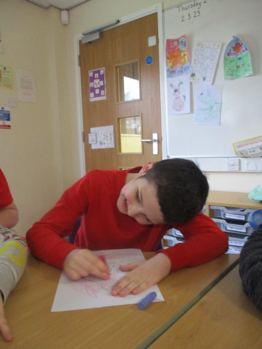2W_MrsWalsh's tweet photo. The crayons left 2W a secret letter in school today. It said use all the colours in that pack to make a big colourful picture just like in the story and please could they make some clothes for peach crayon 😉😊🌈 #makeadifference #EnglishOLOL https://t.co/S6yBTuIrgq
