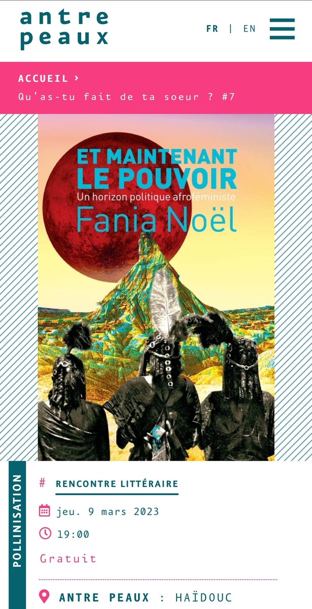Le 9 mars je serai à Bourges invitée  par Reine Prat dans son cycle de rencontre littéraires  “Qu’as-tu fait de ta soeur ?”, accueillie par AntrePeaux un "lieu, outil, fabrique, espace-temps appropriable et modulable"  

antrepeaux.net/quas-tu-fait-d…