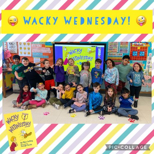 Day #3 of "Dr. Seuss Spirit Week" was "Wacky Wednesday"!  Excitement was seen all around JSS yesterday as students wore their clothes backwards, different shoes/sneakers, crazy bows and ribbons in their hair, and mixmatched colors!  Here's a pic of KDF  after they read the book.