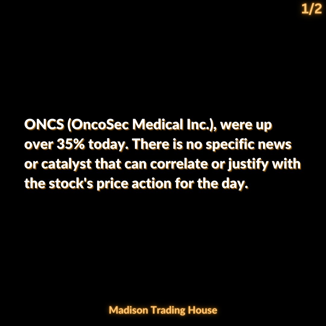 TradingMadison's tweet photo. Traders! $ONCS @oncosec showed up on the radar inside our proprietary trading software today. There is no specific news or catalyst that can correlate or justify with the stock's price action for the day. #topgainers #smallcaps #pennystocks #daytrading https://t.co/2U0IB1CFrr