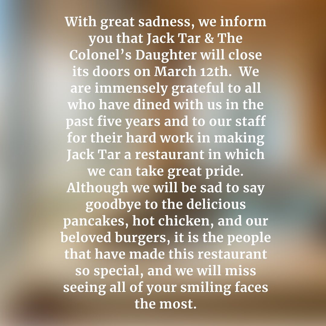 In some sad Downtown business news:

Jack Tar and The Colonel's Daughter on 202 Corcoran Street is set to close it's door on March 12.

#durhamnews #durhamfood #durhameats #bullcityeats #durhamrestaurants #durhamdining #downtowndurham #durhamnc #durham #bullcity