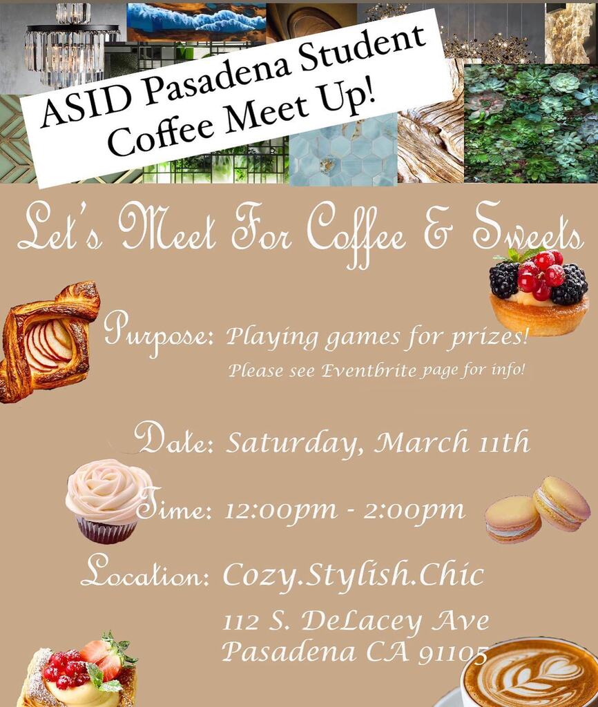 We’re excited to be hosting the ASID Pasadena Student Mixer and Coffee Meet Up on Saturday, March 11 from 12:00-2:00. 

More than anything, we’d love for all LA interior design students to meet and get to know each other. We know how intimidating it can be as a student but i…