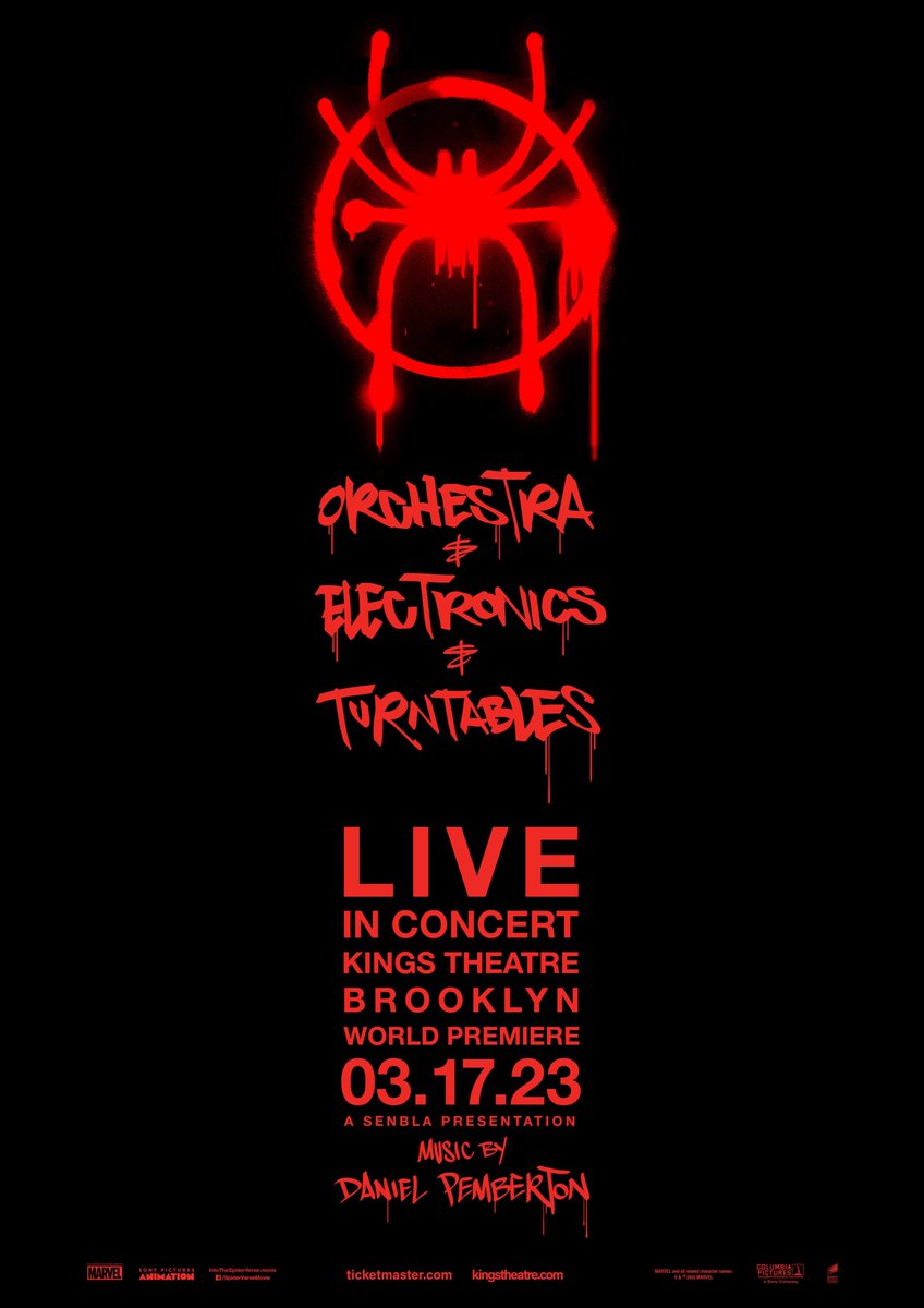 🚨🕷️#SpiderVerse LIVE IN CONCERT🕷️🚨

- ORCHESTRA
- ELECTRONICS
- TURNTABLES

17th MARCH 2023

WORLD PREMIERE / KINGS THEATRE / BROOKLYN

 bit.ly/SpiderVerseCon…