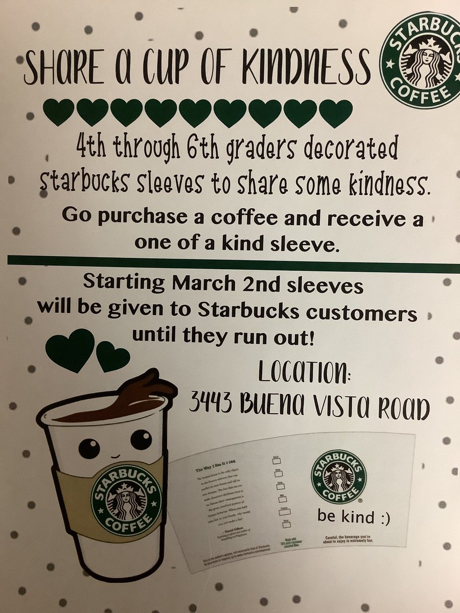 Our Buena Vista 4th-6th Graders shared notes of Kindness at the Starbucks at 3443 Buena Vista Rd.