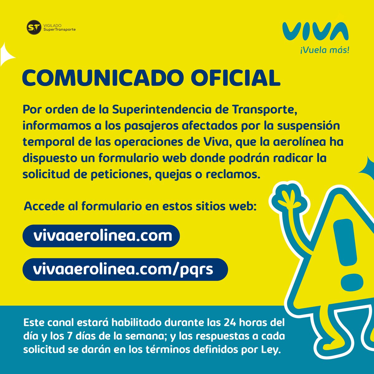 Informamos a los pasajeros afectados que hemos dispuesto de un formulario web donde podrán radicar la solicitud de peticiones, quejas o reclamos ✍🏼

Puedes encontrarlo en vivaaerolinea.com