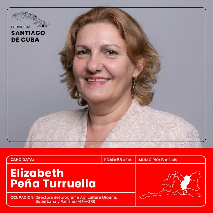 Luis Montero Mustelier (@luismonteromus1) on Twitter photo Elizabeth Peña Turruella, candidata a diputada por San Luis en Santiago de Cuba. y trabajadora del Ministerio de la Agricultura.FELICIDADES. #YoVotoXTodos #AgriculturaCubana #Cuba <a href="/MINAGCuba/">Ministerio de la Agricultura de Cuba</a>
<a href="/MauryHechavarr1/">Maury Hechavarría Bermúdez</a> Elizabeth Peña Turruella, candidata a diputada por San Luis en Santiago de Cuba. y trabajadora del Ministerio de la Agricultura.FELICIDADES. #YoVotoXTodos #AgriculturaCubana #Cuba <a href="/MINAGCuba/">Ministerio de la Agricultura de Cuba</a>
<a href="/MauryHechavarr1/">Maury Hechavarría Bermúdez</a>