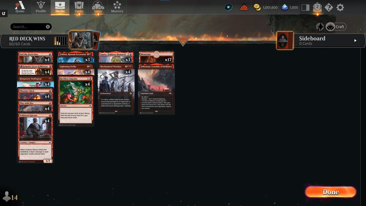 Hello_Good_Game's tweet photo. Climbing Mythic ranks? Try Mono Red Aggro! Fast, and aggressive with early creatures, removal spells, and finishers. Give it a try! #MTGArena #MonoRedAggro #MythicRank https://t.co/5O0JCdPc2S