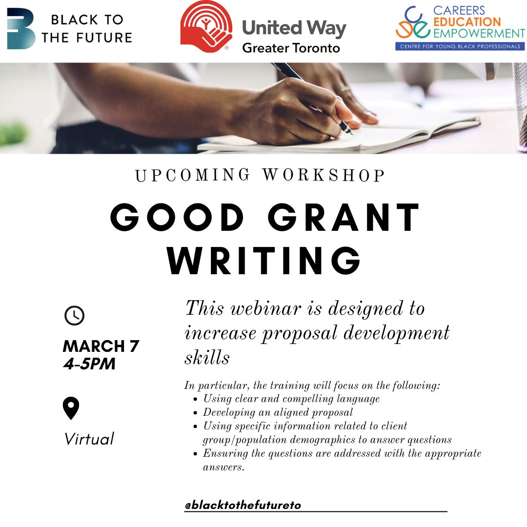 BTTF is pleased to offer this learning webinar in partnership with <a href="/UWGreaterTO/">United Way Greater Toronto</a>. This webinar is designed to increase proposal development skills, particularly for people who do not have a background in writing grants. 

Register now! forms.office.com/Pages/Response…