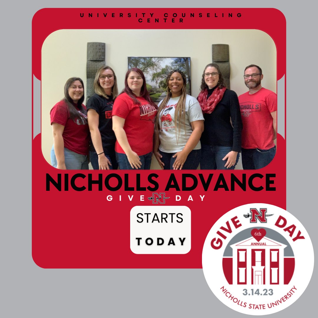 NichollsUcc's tweet photo. Today starts Advance Give-N Day, while Give-N-Day is 11 days away!  When you think about Give-N-Day, think about our students, faculty, and staff's mental health!
Help us continue to create safe and inviting spaces on our campus! 

https://t.co/fNMVZQefvO https://t.co/zq1wCL6k2b