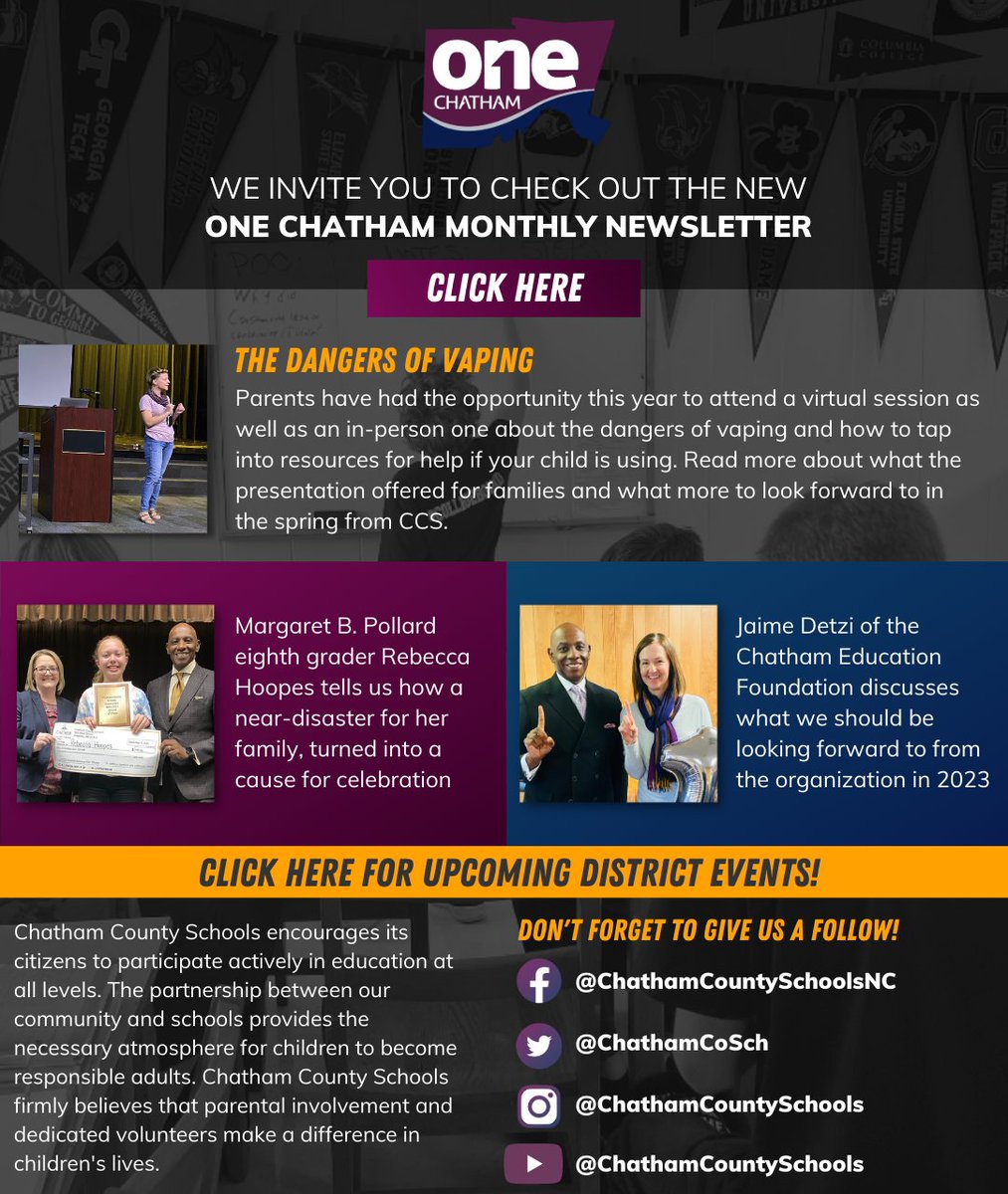 ChathamCoSch's tweet image. Sign up for our One Chatham newsletter! Check out upcoming events, student and staff features, and more! Click the link below to subscribe! #OneChatham
ow.ly/FUzq50N7Eew

Click here to view: ow.ly/UkkV50N7Ef5

Spanish One Chatham newsletter: ow.ly/YJKi50N7Ef6