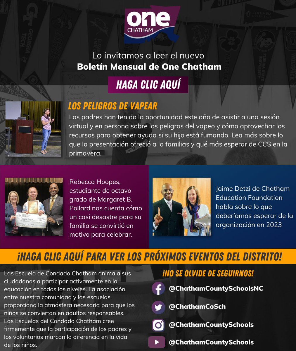ChathamCoSch's tweet image. Sign up for our One Chatham newsletter! Check out upcoming events, student and staff features, and more! Click the link below to subscribe! #OneChatham
ow.ly/FUzq50N7Eew

Click here to view: ow.ly/UkkV50N7Ef5

Spanish One Chatham newsletter: ow.ly/YJKi50N7Ef6
