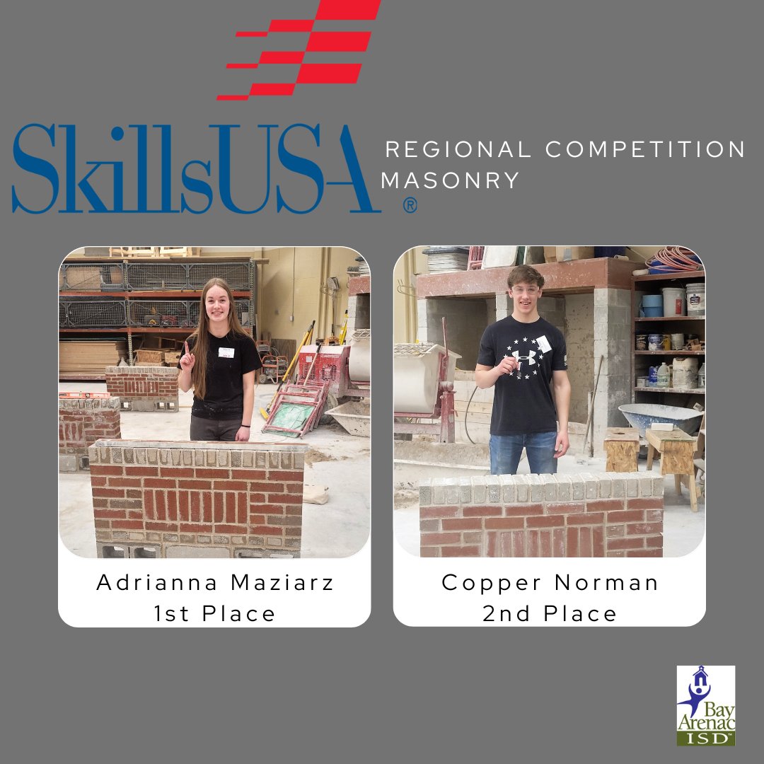 baisdcc's tweet photo. Big shout out to these students on their sweep of the Regional SkillsUSA Masonry competition. Great work!
#baisd #baisdcc #bayarenaccareercenter #GLBR #skillsusa https://t.co/rmBPeOiBIX