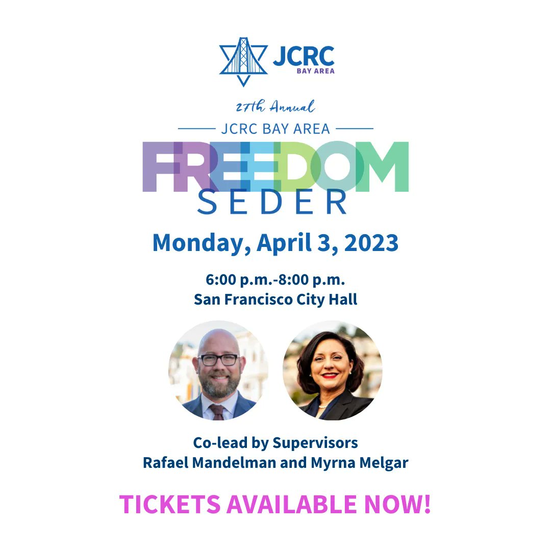 SFJCRC's tweet photo. Tickets for our annual Freedom Seder are now available! Co-lead by Supervisors @RafaelMandelman & @myrnamelgar, the #FreedomSeder inspires us to build bridges & take meaningful action to help solve the most critical issues facing the #BayArea.
Tickets: https://t.co/bzaQ8AUKZs https://t.co/qqN05rfLPP