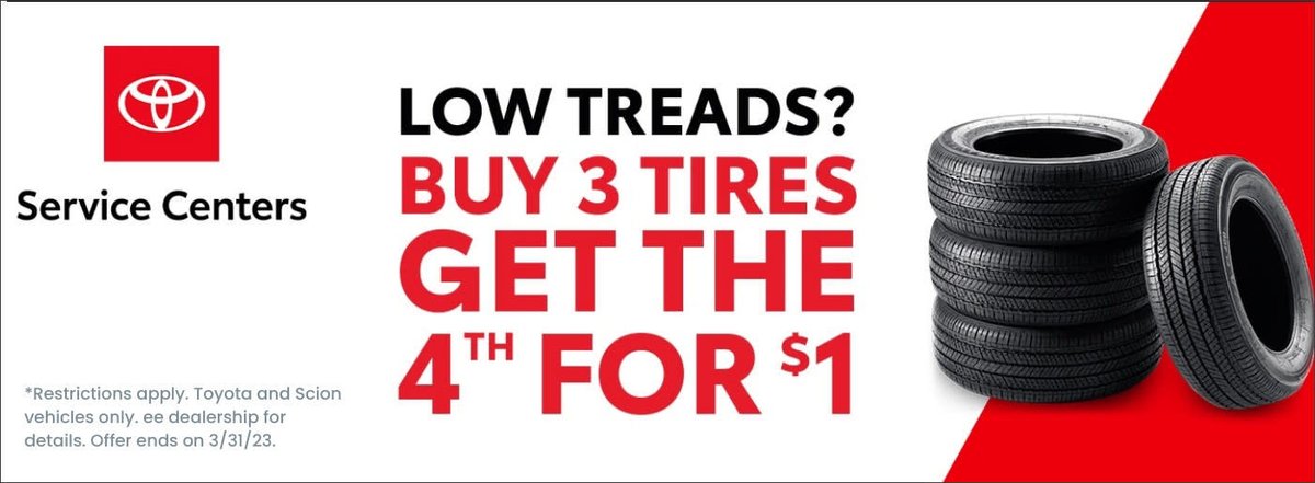 FoothillsToyota's tweet photo. Low treads? No problem! Stop by Foothills Toyota today where you can buy 3 tires and get the 4th for only $1! Click here to learn more: https://t.co/rhdmxkiRCy https://t.co/QHfapgTlC6