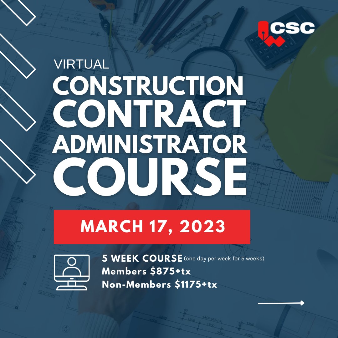 csc_dcc's tweet photo. 🚨CSC WORKSHOP🚨

The CCA Course starts March 17th and runs for 5 weeks! This course is a requirement for the Certified Construction Contract Administrator (CCCA) designation. Swipe through to see if it’s right for you➡️ https://t.co/tORfQ95B5y