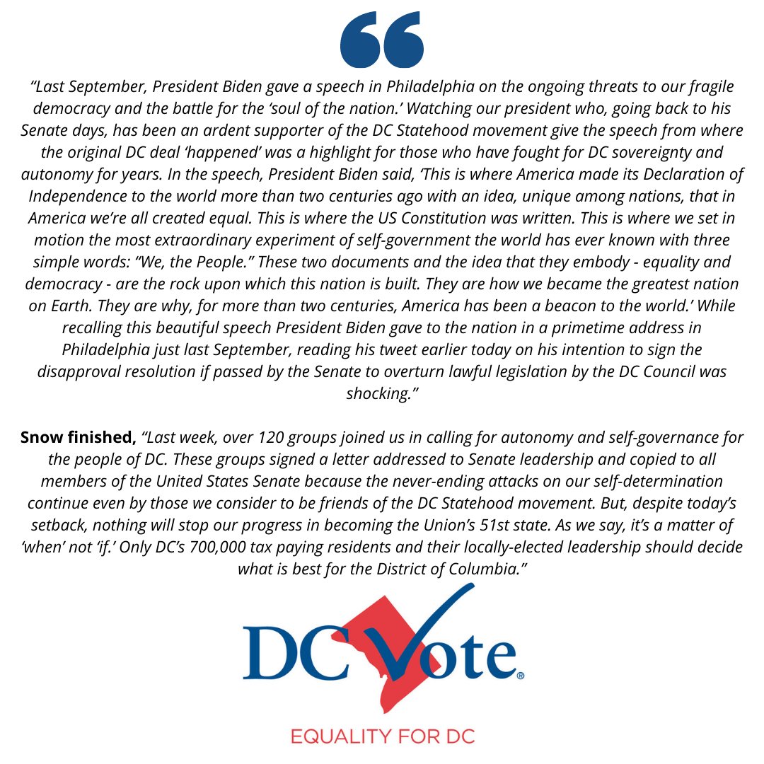 Earlier today, @POTUS tweeted his support for #DCStatehood yet indicated his intention to sign the disapproval resolution on the Revised Criminal Code Act that DC Council lawfully passed. @DCVote's communications director @PatriceSnow released this statement: