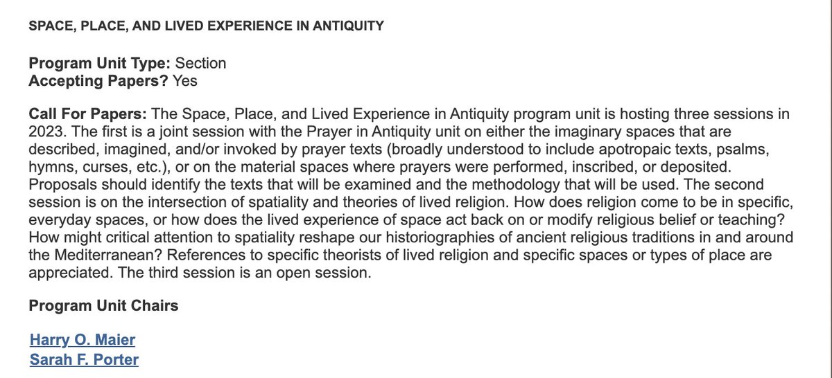12 days till SBL CFP closes! Consider proposing on space, place, prayer, lived religion, etc! Full call in the alt-text. #sblaar23 #aarsbl23 <a href="/SBLStudents/">SBL Students</a>