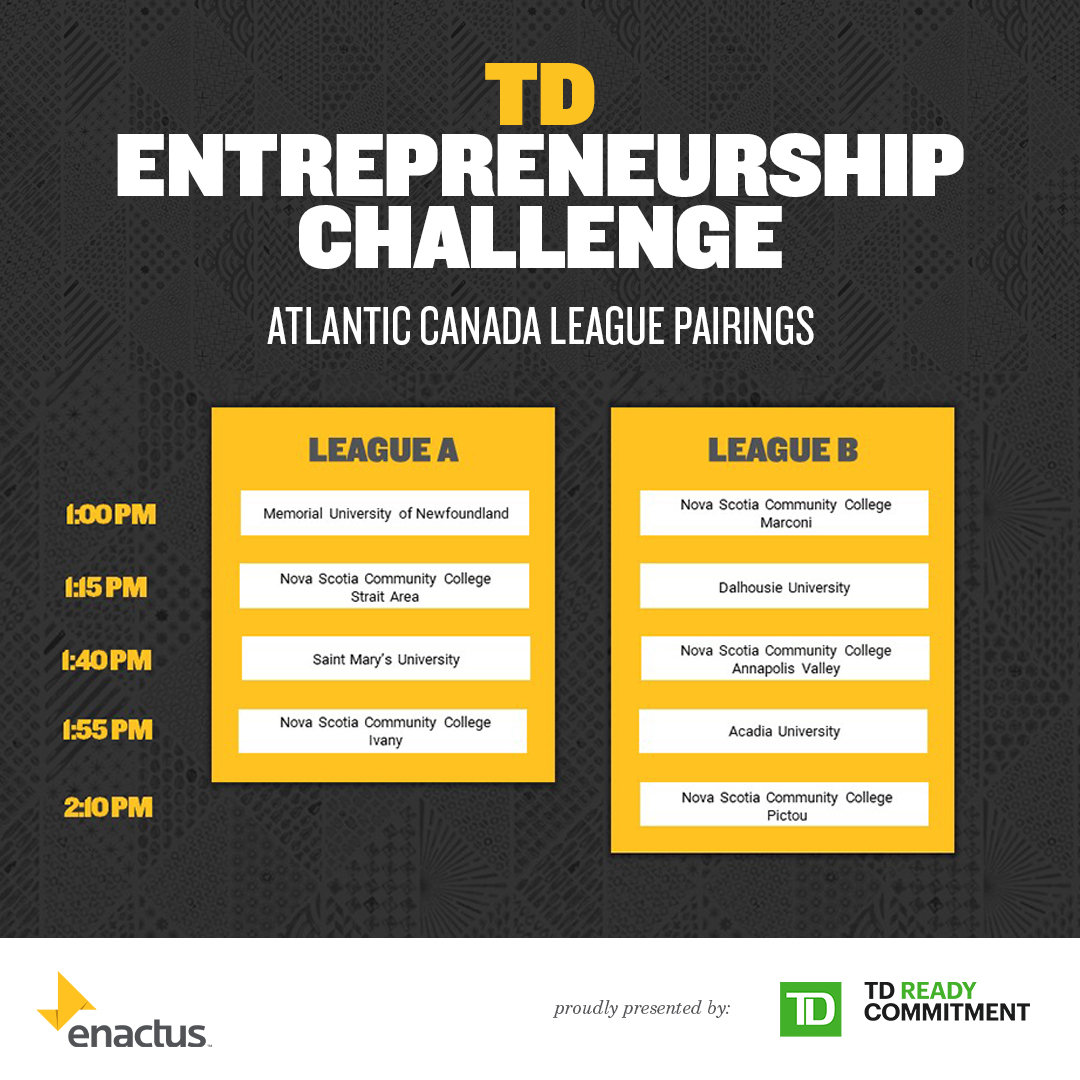 Enactus_Canada's tweet photo. It all goes down tomorrow! Here are the league pairings for tomorrow's @TD_Canada Entrepreneurship Challenge! #EnactusRegionals https://t.co/y6mlel3aij