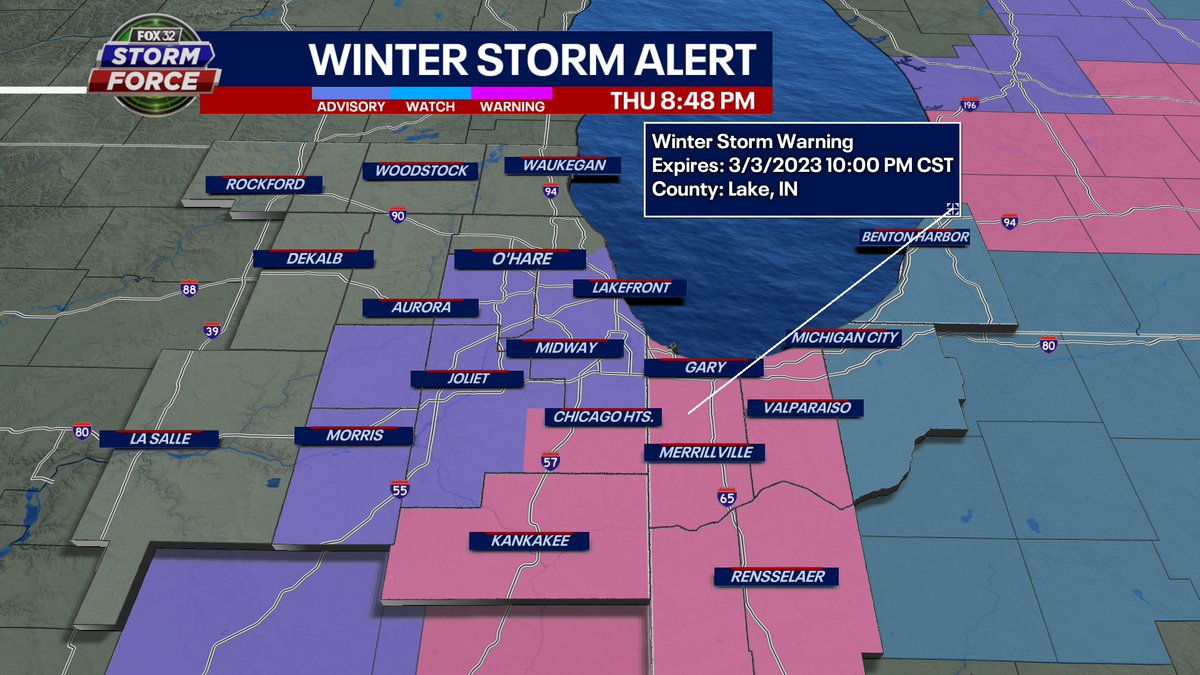 WINTER STORM WARNING from 12 PM - 10 PM Friday for eastern Will, Kankakee, Lake (IN), Porter, Newton, and Jasper Counties for 4-8" of snow and snow rates as high as 2-3" per hour. Lesser amounts expected in the Winter Weather Advisory area. Details coming up on FOX 32 News at 9!