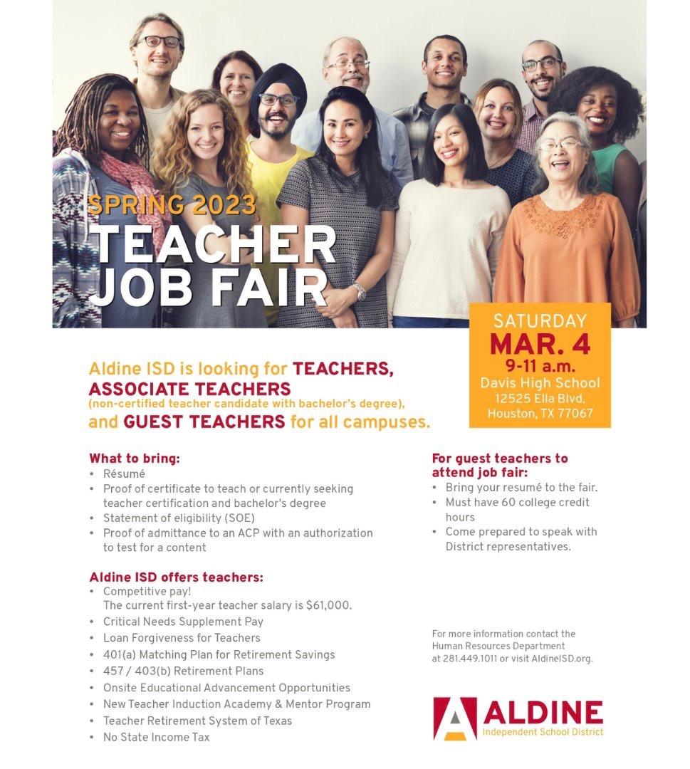EckertES_AISD's tweet photo. @AldineISD is looking for TEACHERS, ASSOCIATE TEACHERS, and GUEST TEACHERS for all campuses. (@AldineISD está reclutando MAESTROS, MAESTROS ASOCIADOS, y MAESTROS INVITADOS para todas las escuelas.) 

Join us this Saturday!

#AldineConnected https://t.co/0YjabwWyLK