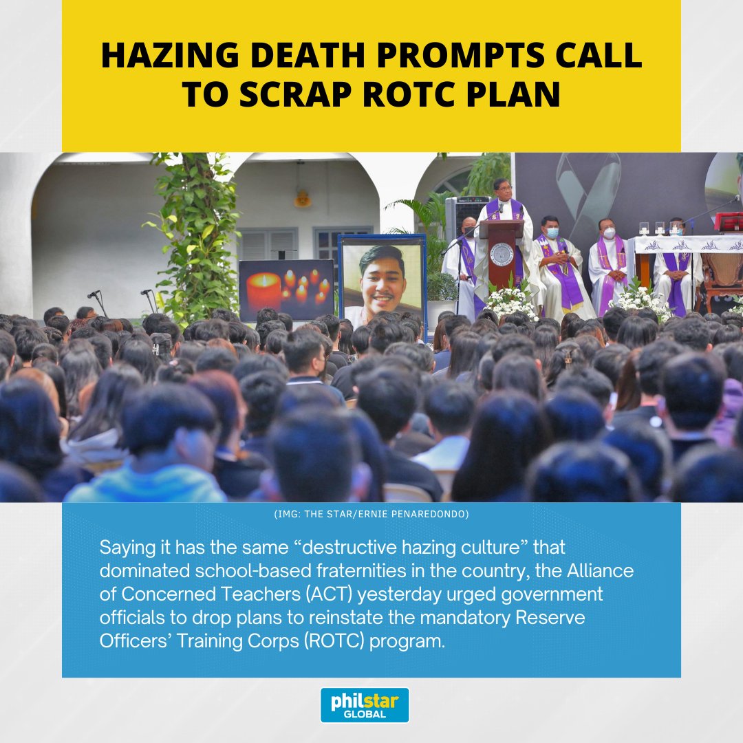 PhilstarNews's tweet photo. The latest incident, ACT said, should prompt national leaders not to revive ROTC, which it described as “intrinsically militaristic, macho-fascist, violent and rotten to the core.”

Read: https://t.co/s7XYYUtAGZ https://t.co/rfYPhpLMf8