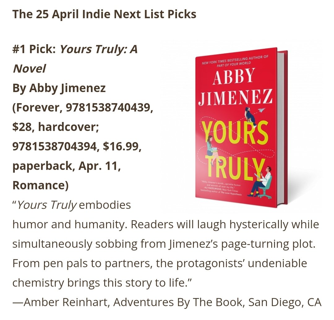 YOURS TRULY is the #1 Indie Next Pick for April! This is the ultimate love from indie book sellers who voted to make this their #1 pick after they read an early copy. I'm beyond grateful for the love this book is getting 😭💕 Preorder at my favorite indie:
magersandquinn.com/product/Yours-…