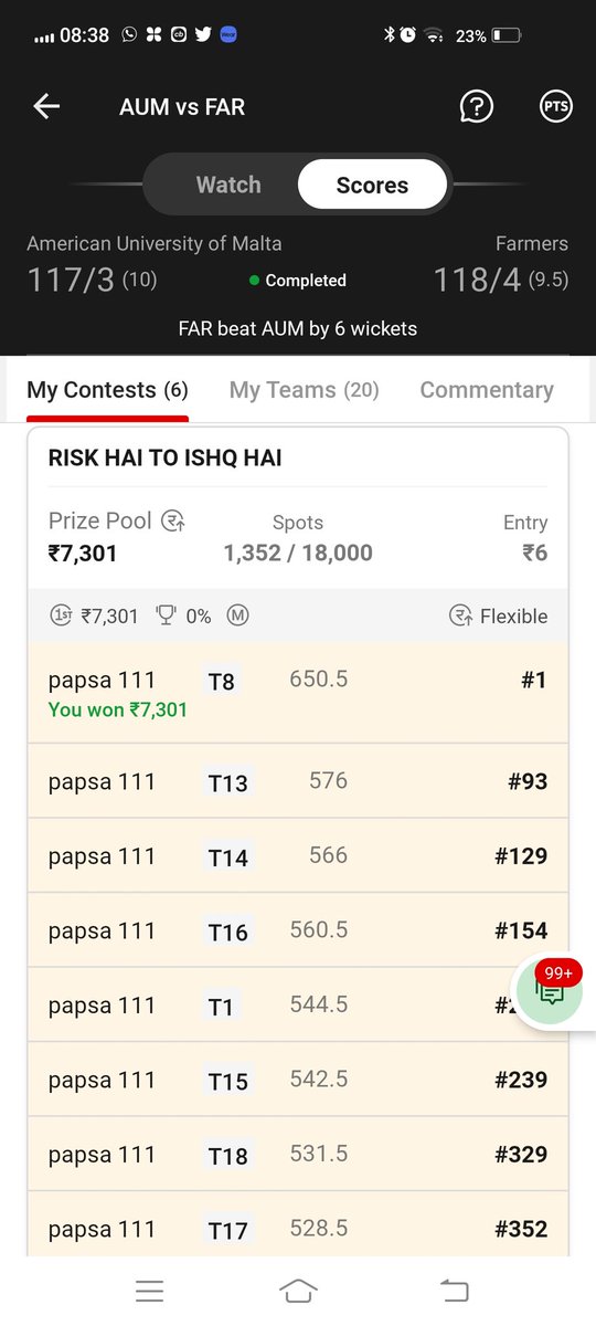 One clean sweep was in Group A match of #ECL23 and know another clean sweep in Group B match of ecl.....

#dream11 #ECL23
Investmesnt 680
Return   21639