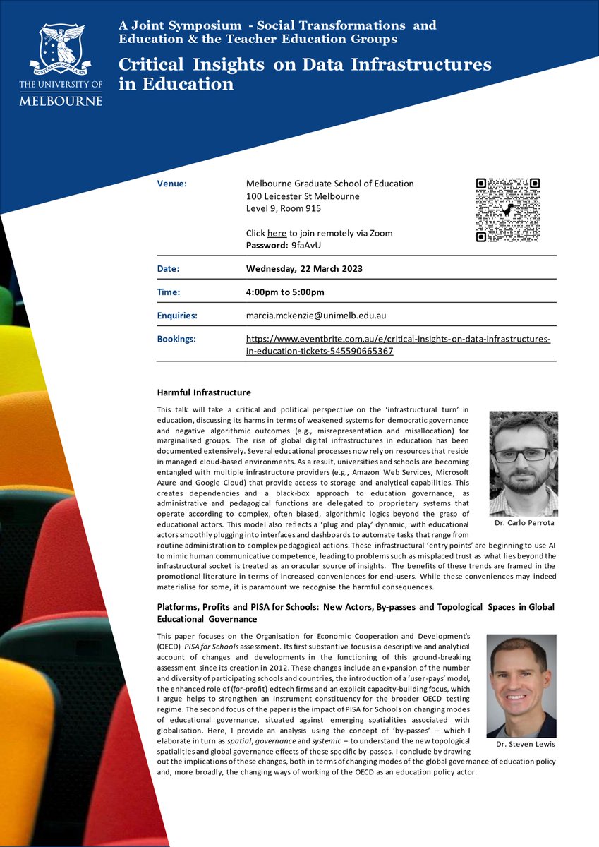 Social Transformations & Education Academic Group (@ste_researchhub) on Twitter photo Join us <a href="/STE_ResearchHub/">Social Transformations & Education Academic Group</a> on Wednesday, 22 March, for a symposium on 'Critical Insights on Data Infrastructures in Education.' @carloper & Steven Lewis will present their papers.
Register: eventbrite.com/e/critical-ins… Join us <a href="/STE_ResearchHub/">Social Transformations & Education Academic Group</a> on Wednesday, 22 March, for a symposium on 'Critical Insights on Data Infrastructures in Education.' @carloper & Steven Lewis will present their papers.
Register: eventbrite.com/e/critical-ins…