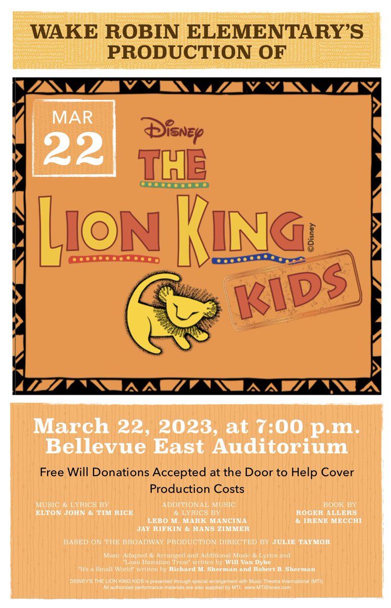 Come support <a href="/WakeRobinElem/">Wake Robin Wizards</a> for our presentation of The Lion King!  #bpsne