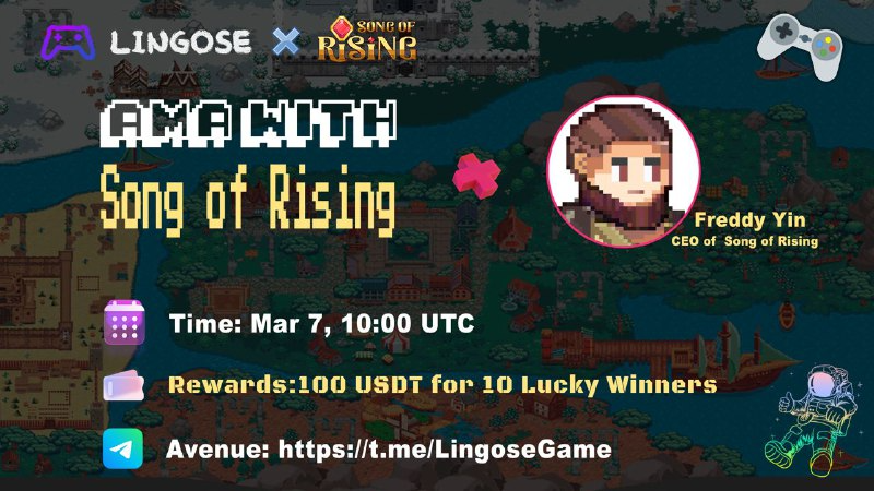 LingoseGame's tweet photo. 📣 AMA with @songofrising  A creative Pixel-style #Metaverse  project.Defi block /#dApp city /#AI NPC/Ve(3,3)

⏰ Mar 7, 10:00 UTC
📍https://t.co/ruPdl66YC9

🙌 Complete gleam tasks and 100 USDT for 1️⃣ 0️⃣ Lucky Winners #TokenGiveaway 
🔗 https://t.co/nTHrgSMwvW https://t.co/tBxNtCFsHJ