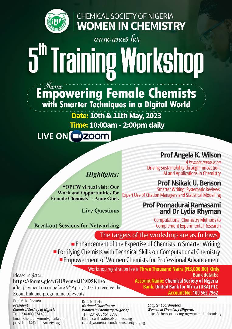 Registration is on👇
lnkd.in/dHFxzbHn for the 5th Training #Workshop of #Women in #Chemistry (Nigeria). Looking forward to an impactful event with our Speakers.