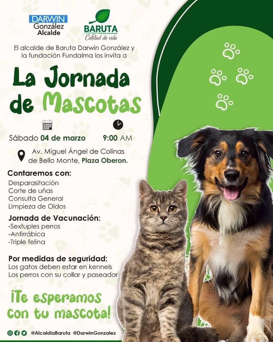 Acá seguimos comprometidos cada día con la salud de los peludos de la comunidad baruteña.
🐾🐾
Te esperamos con tu mascota este sábado 04. Av. Miguel Ángel de Colinas de Bello Monte. Plaza Oberon.
🐶😺.
#somosfundalma
<a href="/alcaldiabaruta/">Alcaldía de Baruta</a> 
<a href="/darwingonzalezp/">Darwin González</a>
