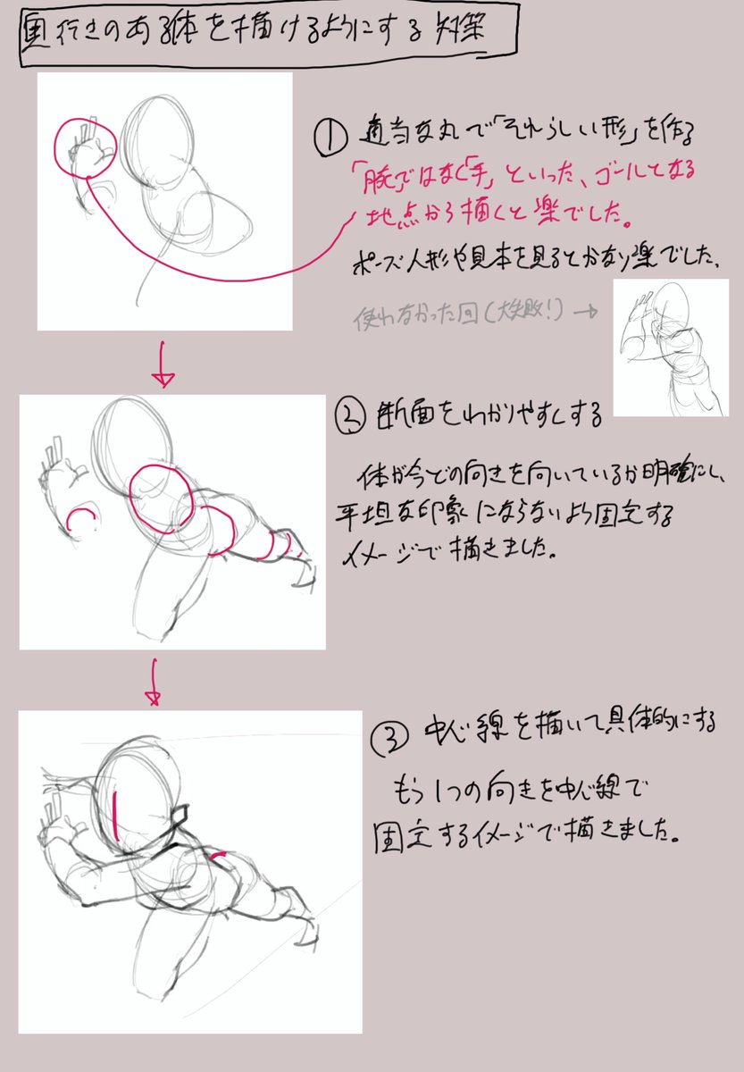 立体的に身体を考えたり、描くことができないのも課題だと思ったので、その改善策も考えました。
前回の反省点と合わせて見ていただけるとわかりやすいかもしれません! 