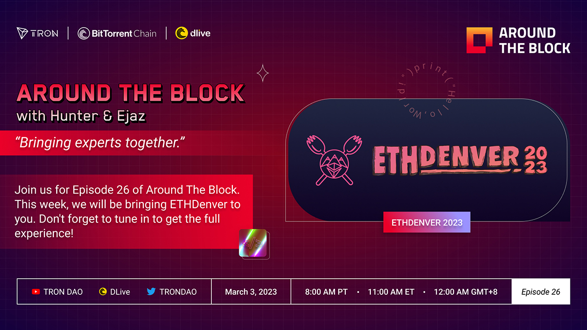 MacauTron's tweet image. RT trondao "RT @trondao: Don't miss this episode of #AroundtheBlock! 

We're giving you the inside look from #ETHDenver2023. 👀

🗓️ March 3
⏰ 8am PST / 11am EST

Tune in ⬇️

📺 Join the Twitter Broadcast:  

Or

🎥  Join our Live… https://t.co/mtfzphJPyz"