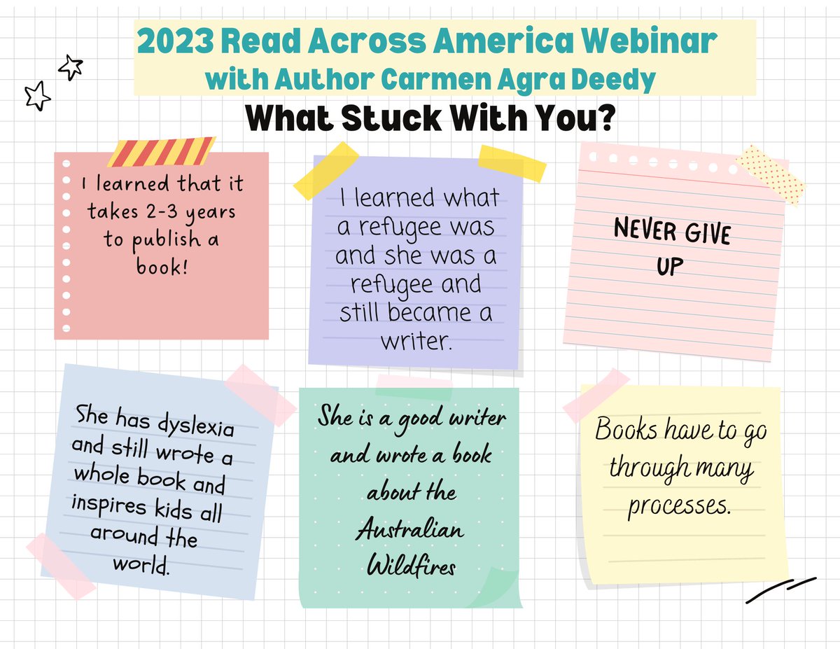 MsJPerryReading's tweet photo. Some really great take-aways for our students at today's @Learning_Ally Read Across America Live Webinar with author Carmen Agra Deedy!  1/2
#DDEChallengeAccepted https://t.co/sVltEqfwW0