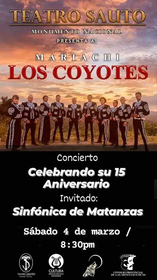 No pierdas la oportunidad de disfrutar de la buena música mexicana que tiene preparada Mariachis los Coyotes en el Teatro Sauto.
#ElArteSalva
#Matanzas #GobMtz
#ConLaMismaEstrella
#MejorEsPosible 
<a href="/SuselyMorfaG/">Susely Morfa González</a> <a href="/mariofsabines/">Mario Sabines Lorenzo</a> <a href="/CaridadPoey/">Marieta Poey Caridad</a>
