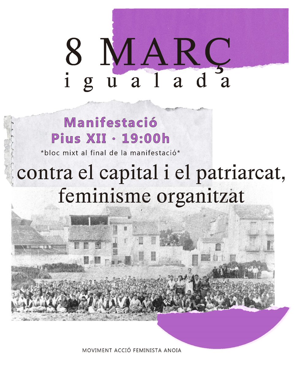 Fem una crida a participar de les accions previstes aquest 8M als vostres territoris, als vostres barris.Seguim l'exemple d'aquelles teixidores que van revolucionar la comarca el 1881. Parem-ho tot i fem front a aquest sistema opressor.