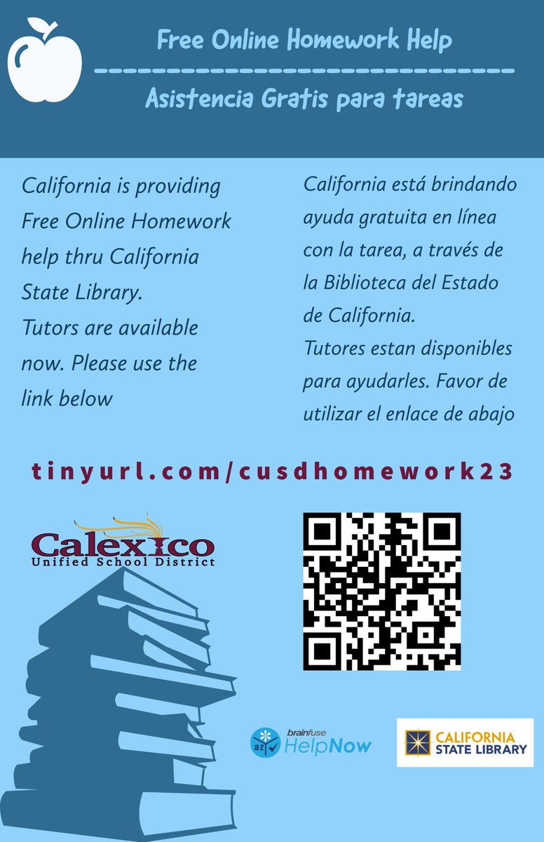 Students and Parents,
California is providing Free Online Homework Help through California State Library.  
Tutors are available now. Click on the link below.

tinyurl.com/cusdhomework23