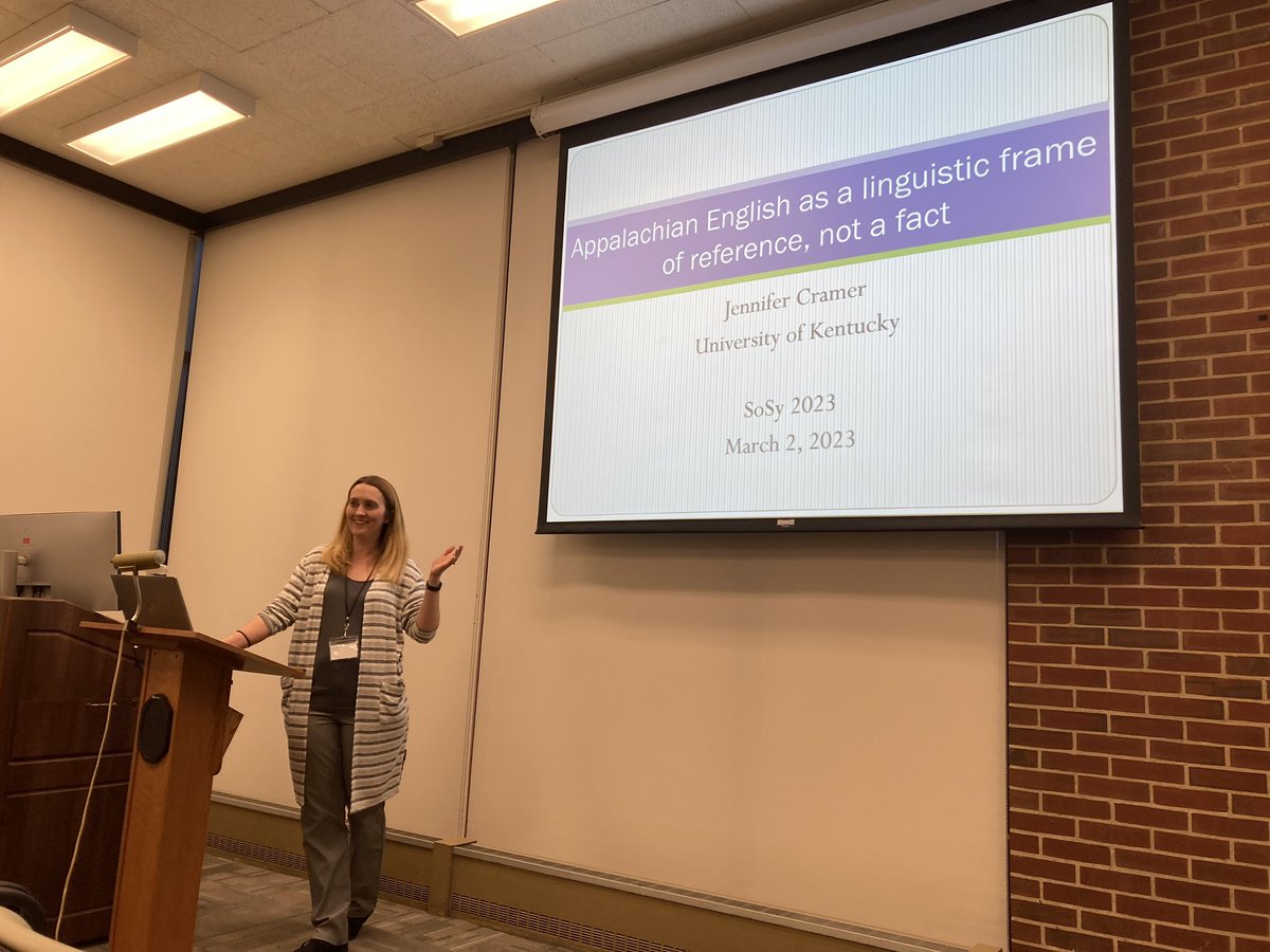 Dr. Cramer bringing all the awesome to SoSy to close out our first day! “Appalachian English as a linguistic frame of reference, not a fact” is the title of her FABULOUS talk!!! <a href="/jenniferscramer/">Dr. Jennifer Cramer</a>