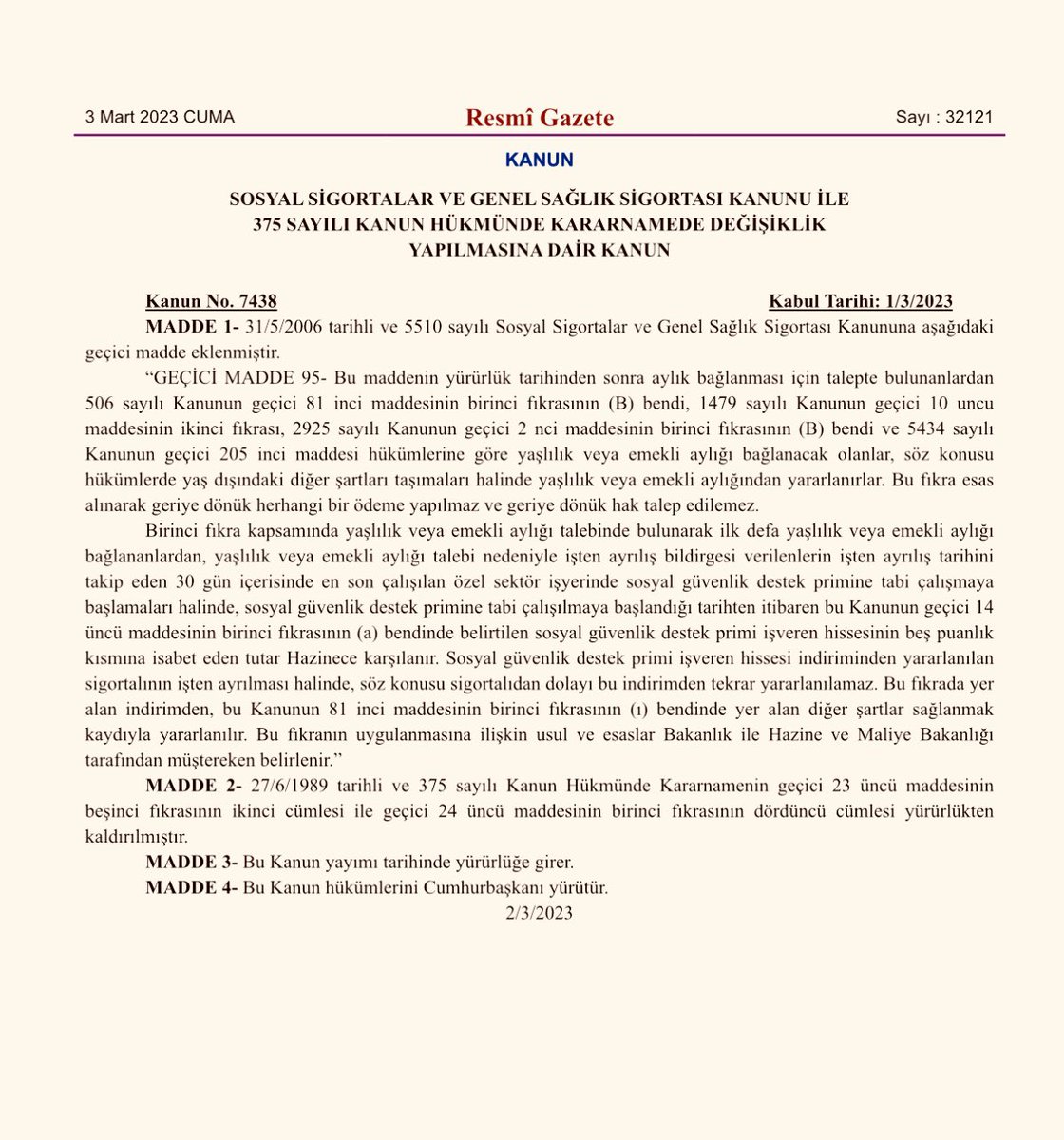 #EYT sorununu çözen Sosyal Sigortalar ve Genel Sağlık Sigortası Kanunu ile 375 Sayılı KHK’de Değişiklik Yapılmasına Dair Kanun Cumhurbaşkanımız <a href="/RTErdogan/">Recep Tayyip Erdoğan</a> tarafından onaylandı ve #ResmîGazete’de yayımlanarak bugün itibariyle yürürlüğe girdi. 

Hayırlı olsun
Teşekkürler <a href="/RTErdogan/">Recep Tayyip Erdoğan</a>