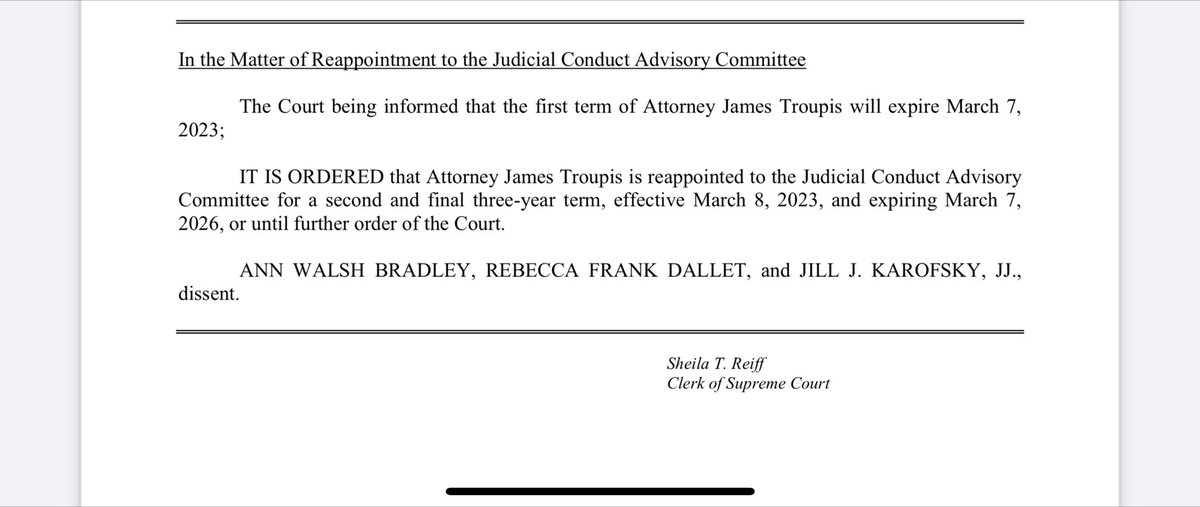 Today the Wisconsin Supreme Court in a 4-3 order reappointed Jim Troupis to a panel that advises judges on ethics.

Troupis was Trump’s recount attorney in Wisconsin and helped assemble “alternate electors” for Trump after Biden won the state.
